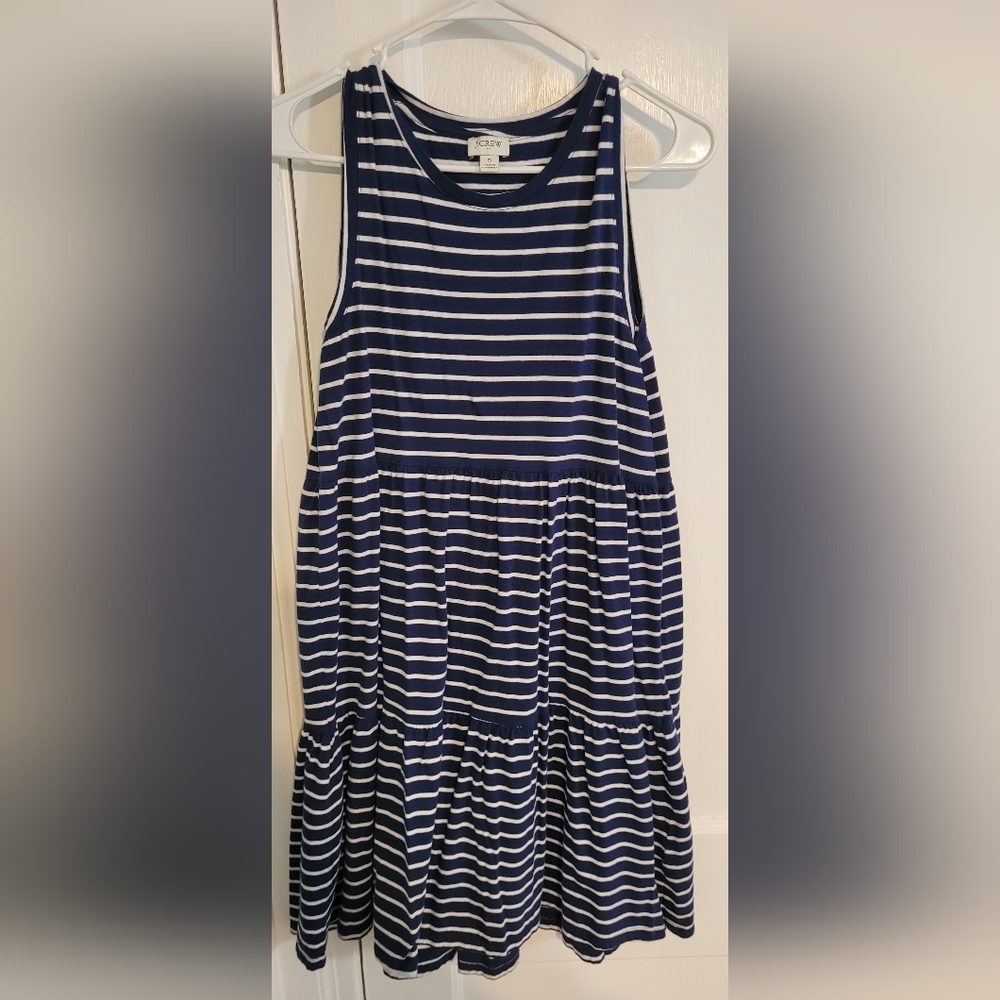 J. Crew Nautical Blue & White Striped Tiered Cotton Mini Dress, Size Small